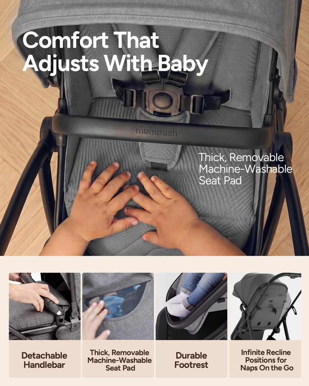 Mompush Wiz 2-in-1 Bassinet Stroller Reversible Seat, One-Hand Fold, Sage