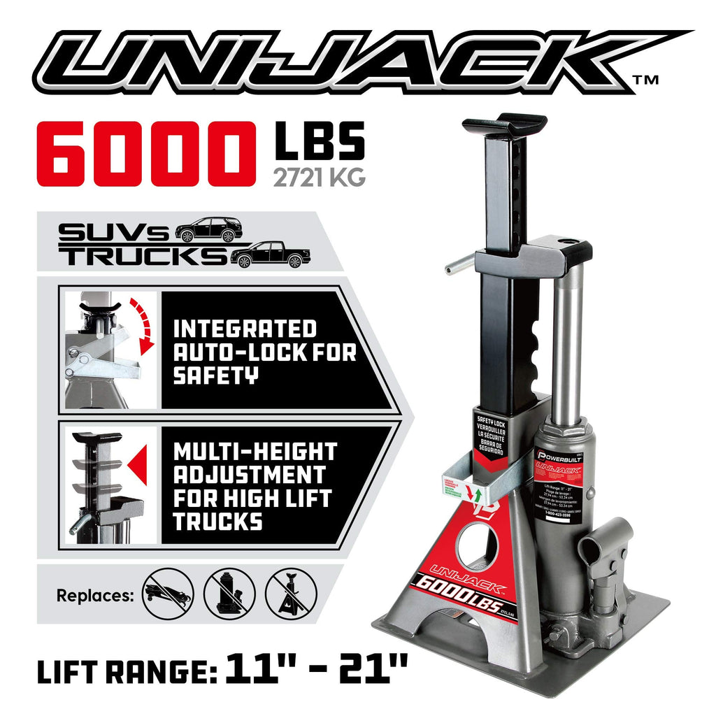 Powerbuilt 2 Ton UniJack Combination Hydraulic Bottle Jack / Jackstand in 1 Unit, Compact, Portable, Wide Base, for Unibody Sedans, CUVs, SUVs, Cars, - 620470