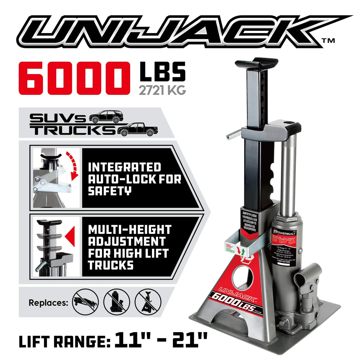 Powerbuilt 2 Ton UniJack Combination Hydraulic Bottle Jack / Jackstand in 1 Unit, Compact, Portable, Wide Base, for Unibody Sedans, CUVs, SUVs, Cars, - 620470