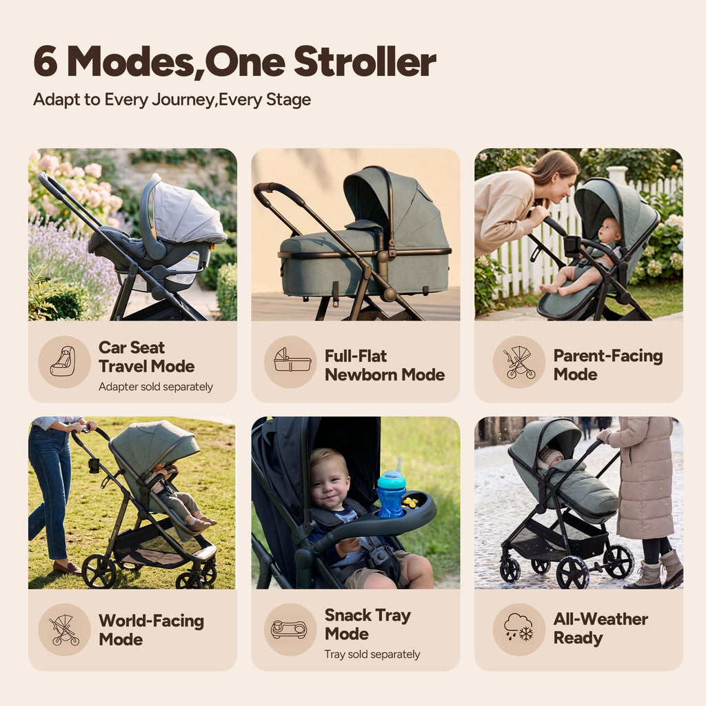 Mompush Wiz 2-in-1 Bassinet Stroller Reversible Seat, One-Hand Fold, Sage
