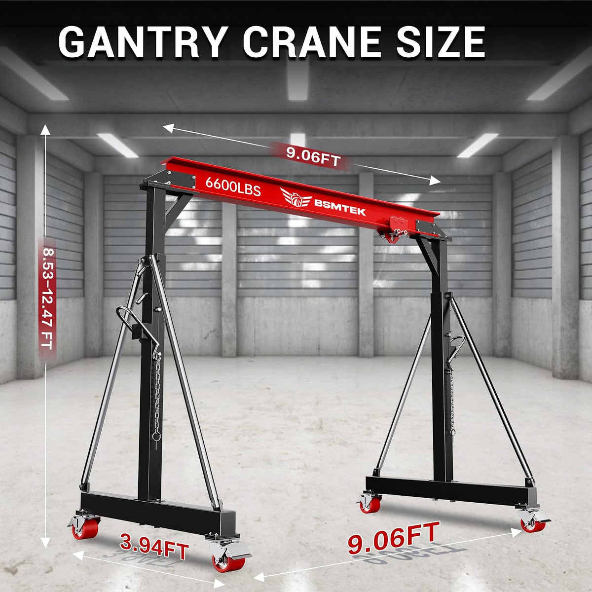 3 Ton Adjustable Gantry Crane,2026 Upgraded 6600LBS Steel I-Beam Construction, Portable Design with 360Â°Locking Wheels,Gantry Crane Adjustable Height from 8.53-12.5ft for Workshop,Garage