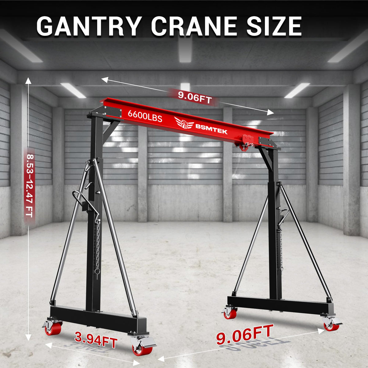 3 Ton Adjustable Gantry Crane,2026 Upgraded 6600LBS Steel I-Beam Construction, Portable Design with 360Â°Locking Wheels,Gantry Crane Adjustable Height from 8.53-12.5ft for Workshop,Garage