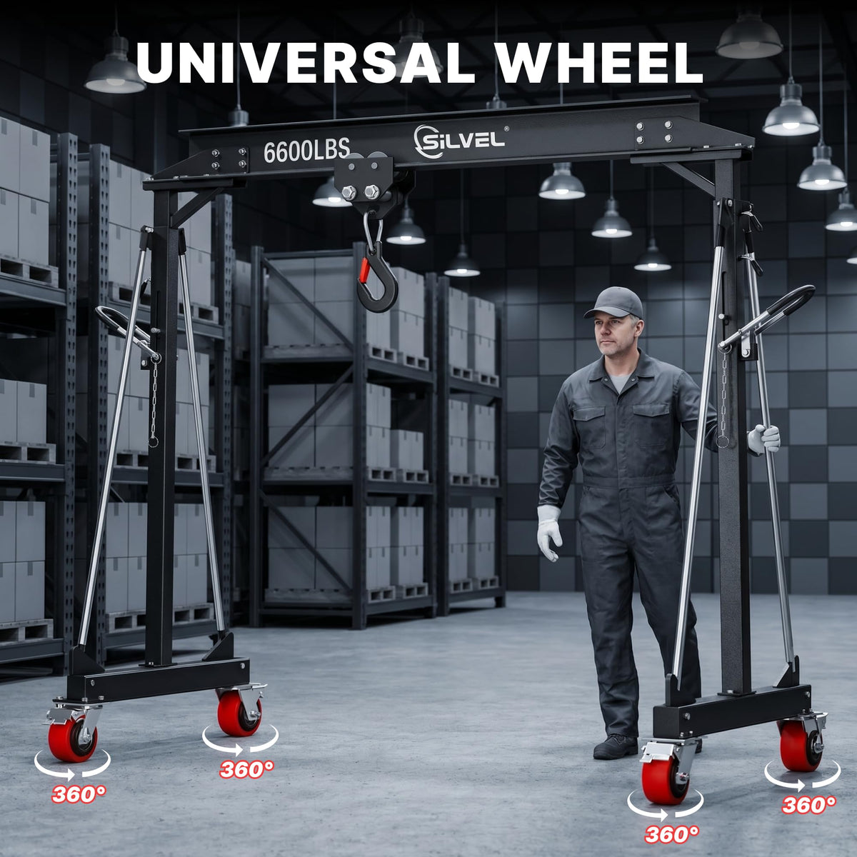 SILVEL 3 Ton Gantry Crane 6600LBS, Adjustable Height 8.53-12.47FT Heavy Duty Portable Engine Hoist with Steel I-Beam & Manual Trolley for Workshop, Garage, Warehouse,Red