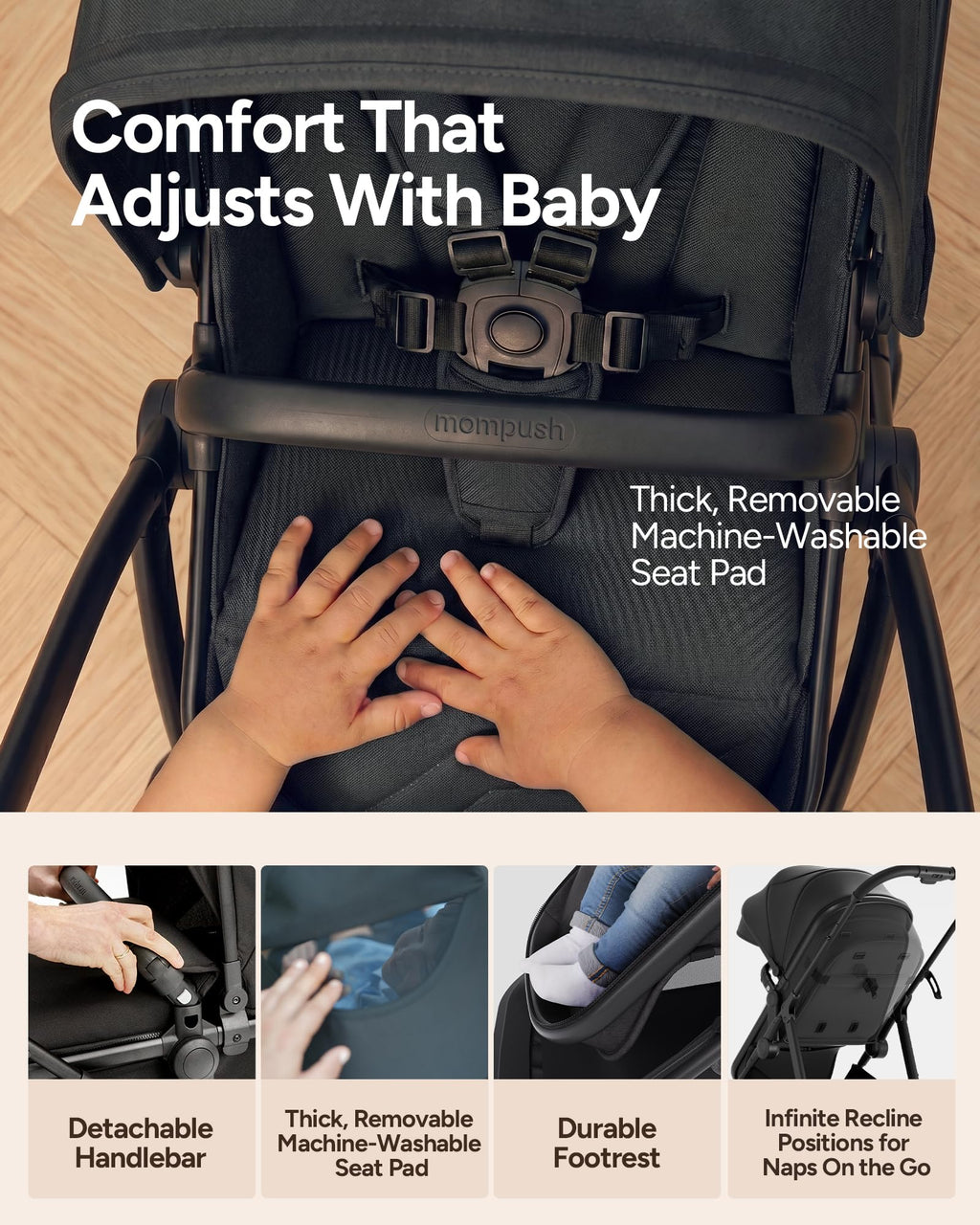 Mompush Wiz 2-in-1 Bassinet Stroller Reversible Seat, One-Hand Fold, Sage