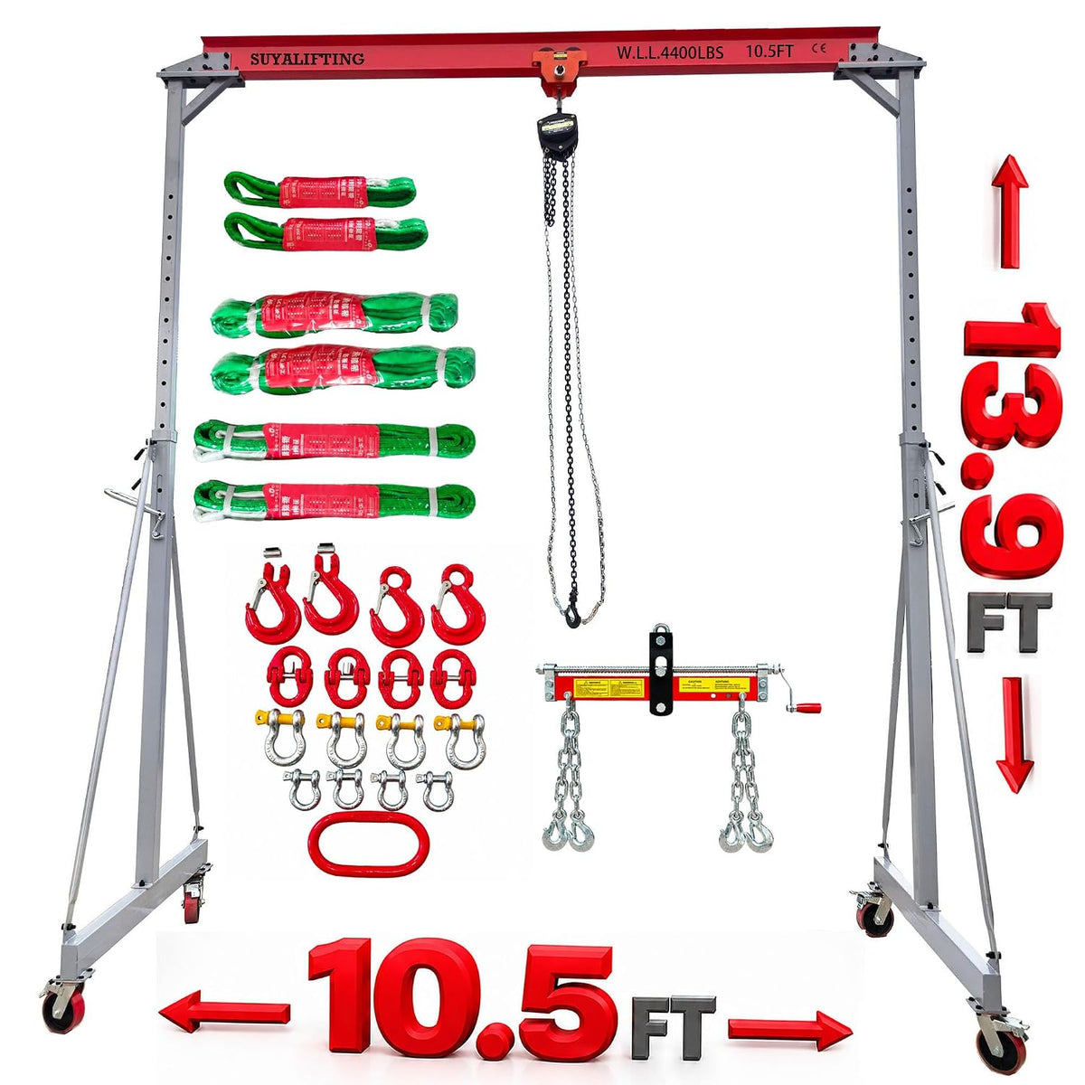 Portable Gantry Crane, 4400 LBS/2 Ton Load Capacity, 10.5 FT Wide, 9.85â13.9 FT Adjustable Height, Heavy Duty Chain Lift Shop Crane with Trolley & Hoist for Garage, Workshop & Warehouse
