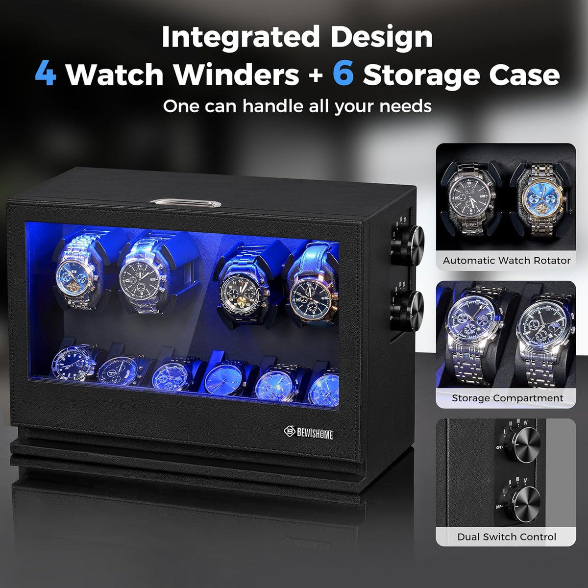 BEWISHOME 4 Watch Winders for Automatic Watches, 6 Display Case LED 4 Modes