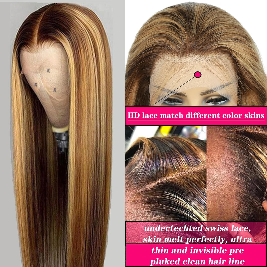13x6 Ombre Lace Front Wig Human Hair 28IN 180Density Highlight Straight Wig