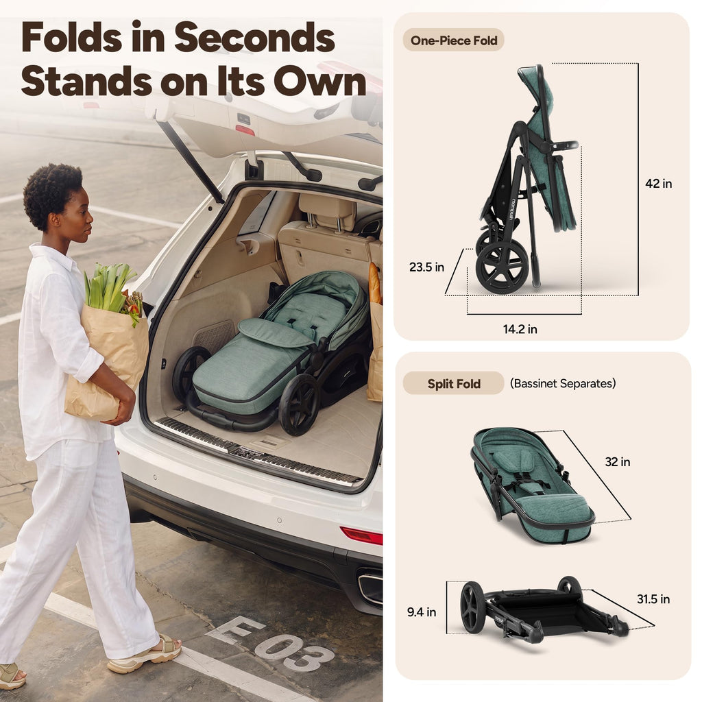 Mompush Wiz 2-in-1 Bassinet Stroller Reversible Seat, One-Hand Fold, Sage