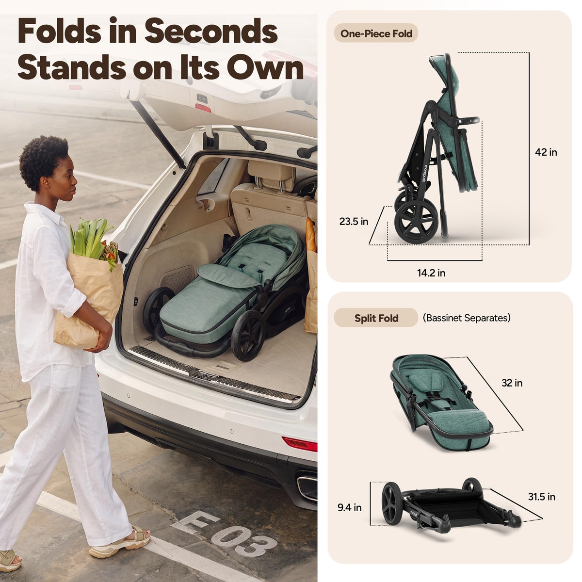 Mompush Wiz 2-in-1 Bassinet Stroller Reversible Seat, One-Hand Fold, Sage