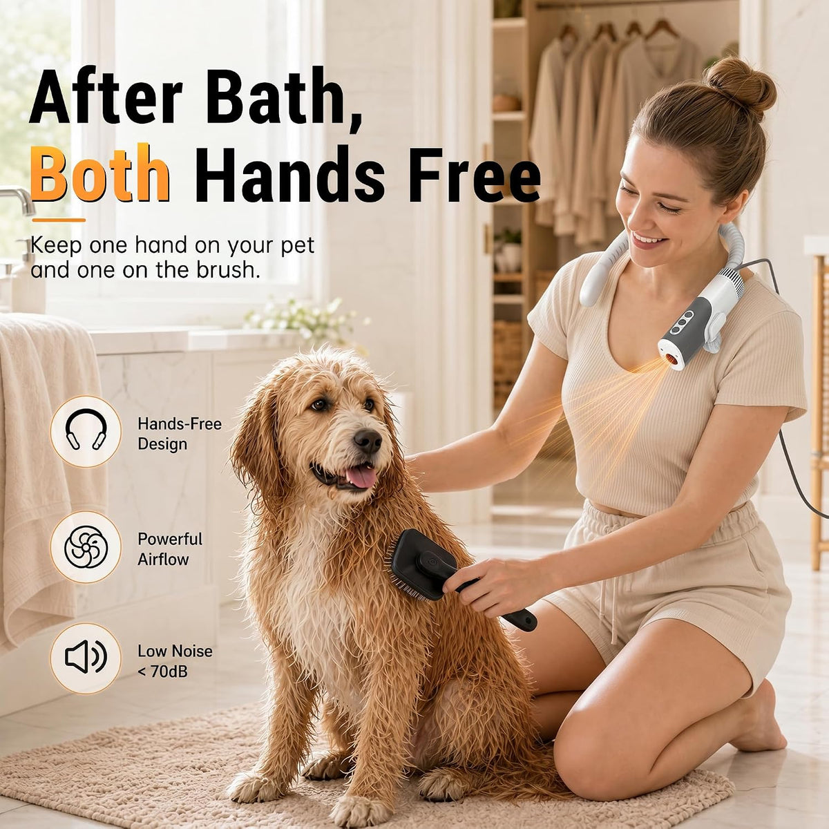 PETNF Hands-Free Neck Dog Dryer, 110,000 RPM High Velocity Pet Hair Blow Dryer for Dog Grooming, 1300W Wearable Design, 3 Speeds 5 Heat Settings, Home & Salon