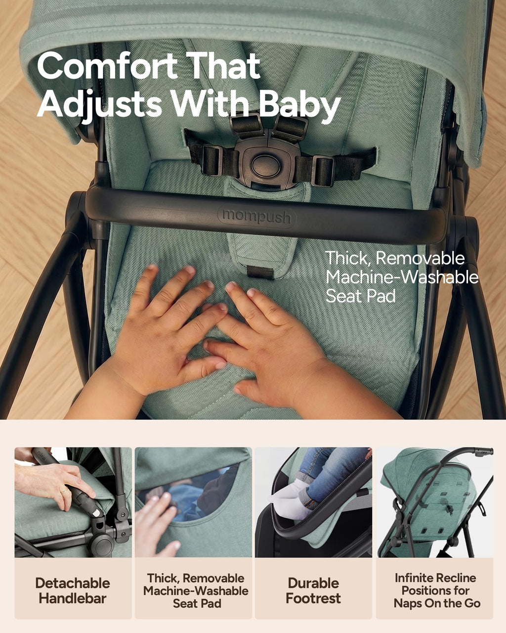 Mompush Wiz 2-in-1 Bassinet Stroller Reversible Seat, One-Hand Fold, Sage