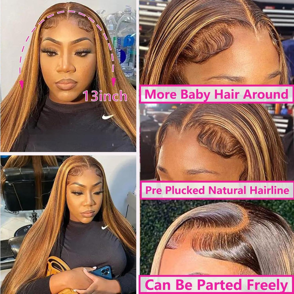 13x6 Ombre Lace Front Wig Human Hair 28IN 180Density Highlight Straight Wig