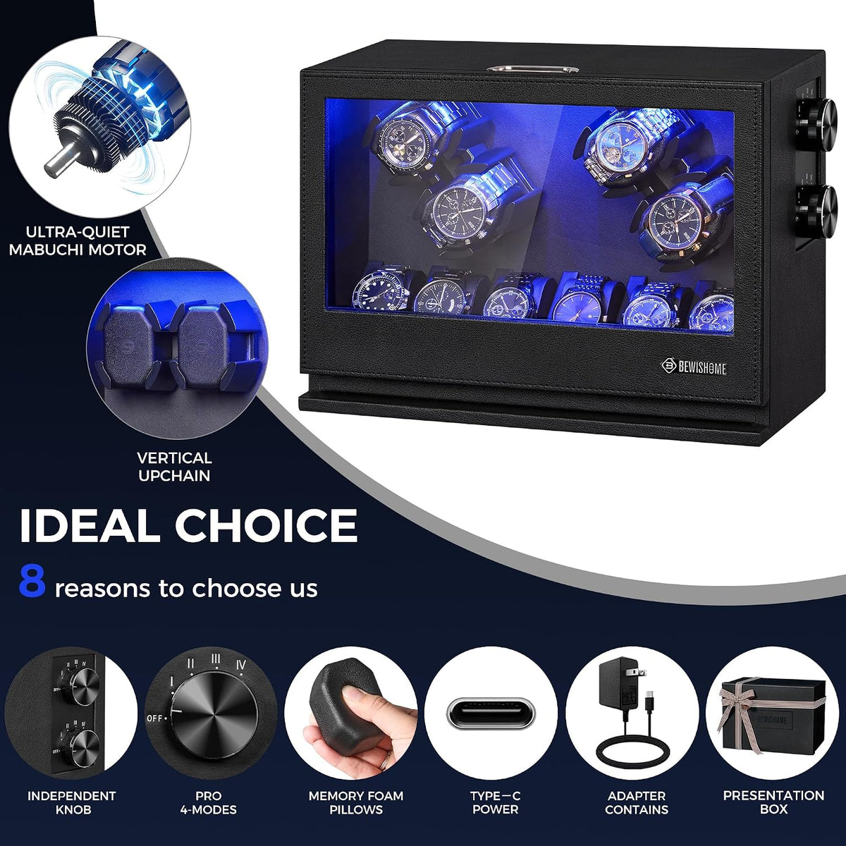BEWISHOME 4 Watch Winders for Automatic Watches, 6 Display Case LED 4 Modes