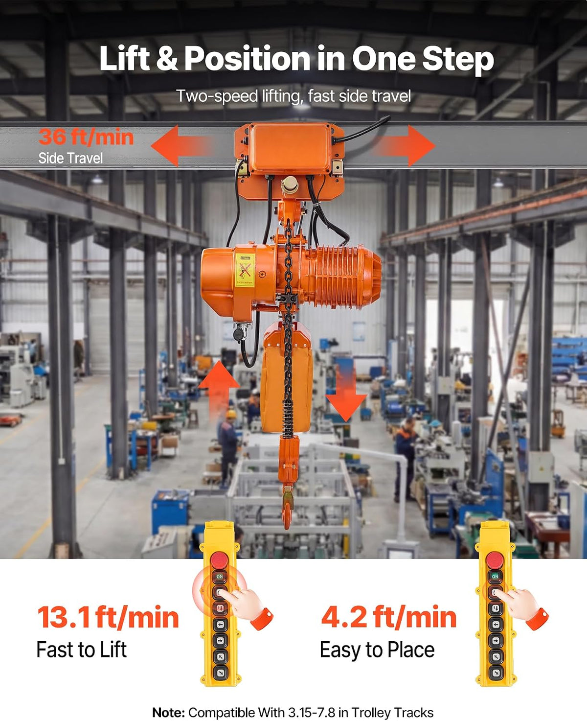 VEVOR 4400lbs Electric Chain Hoist with Power Trolley, 2-Speed Operation, 20ft Lifting Height, 3-Phase 208-240V/440-480V Overhead Crane w/ 328ft Wireless & 16ft Wired Remote Control G100 2-Chain Hoist