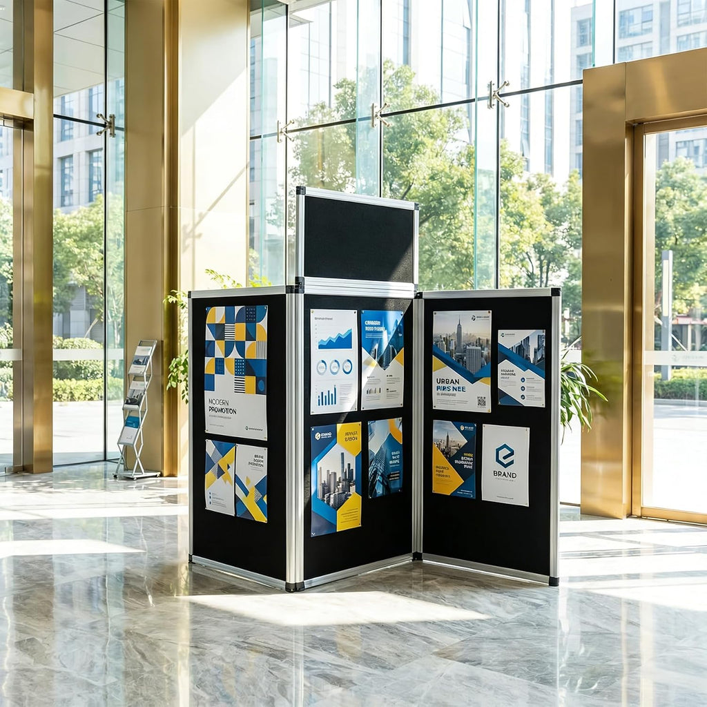 LITTLE TREE 3+1 Panel Trade Show Presentation Board, 70.8" x 35.4" Portable Panel Display, Folding Exhibition Boards Double Sided Tabletop Display Black Hook & Loop-Receptive Fabric with Bag