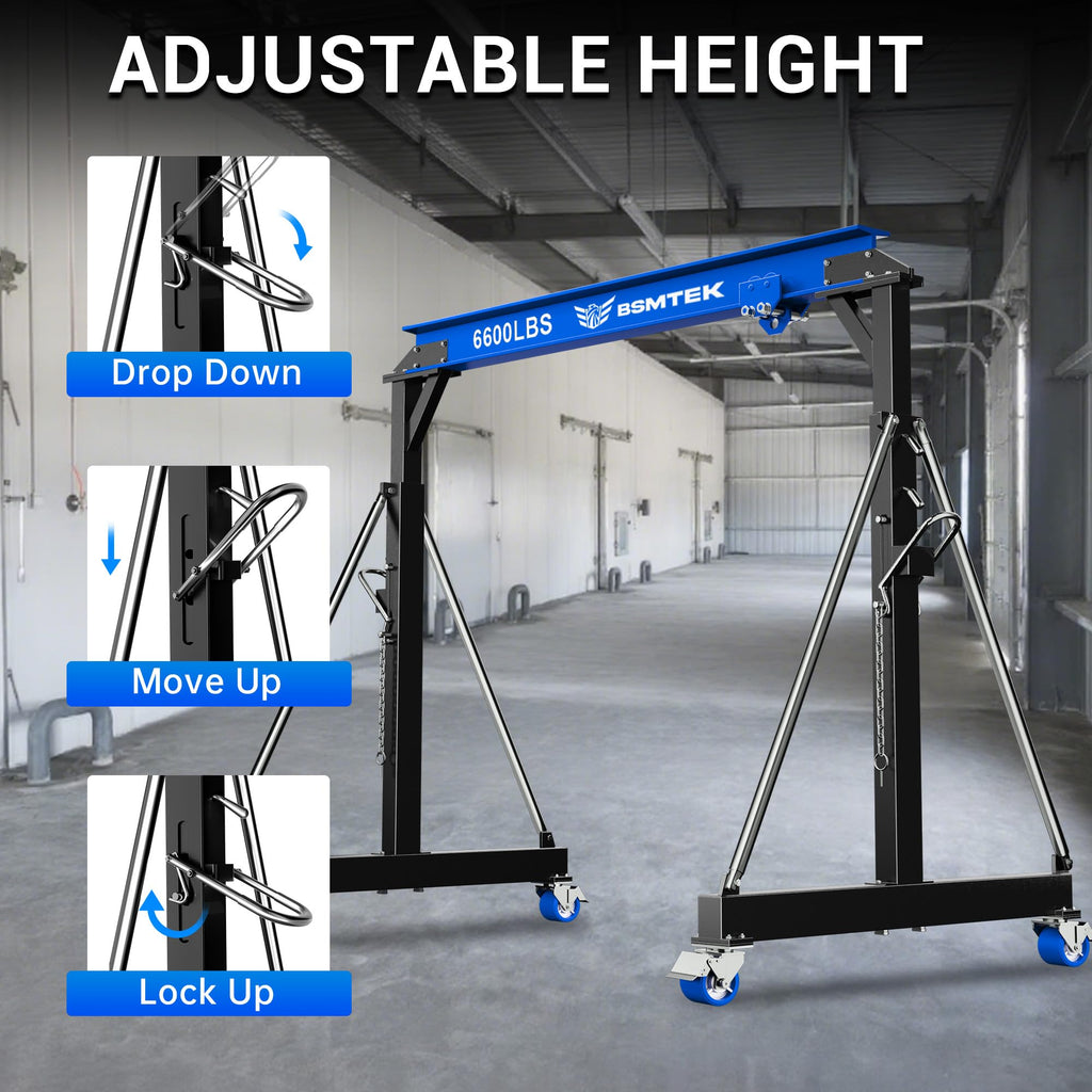 3 Ton Adjustable Gantry Crane,2026 Upgraded 6600LBS Steel I-Beam Construction, Portable Design with 360Â°Locking Wheels,Gantry Crane Adjustable Height from 8.53-12.5ft for Workshop,Garage