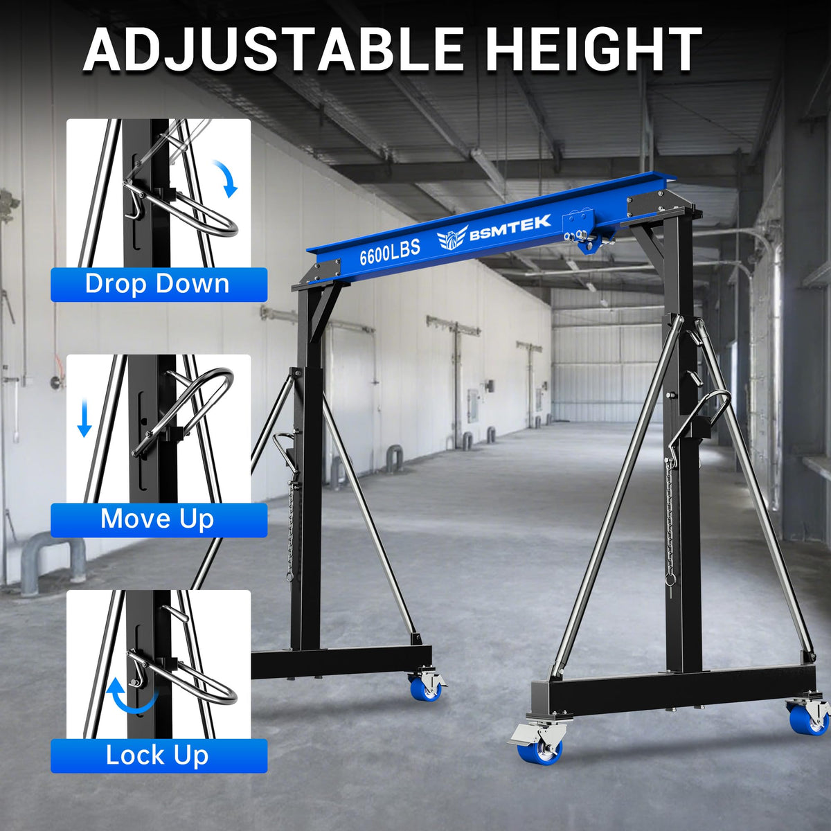 3 Ton Adjustable Gantry Crane,2026 Upgraded 6600LBS Steel I-Beam Construction, Portable Design with 360Â°Locking Wheels,Gantry Crane Adjustable Height from 8.53-12.5ft for Workshop,Garage