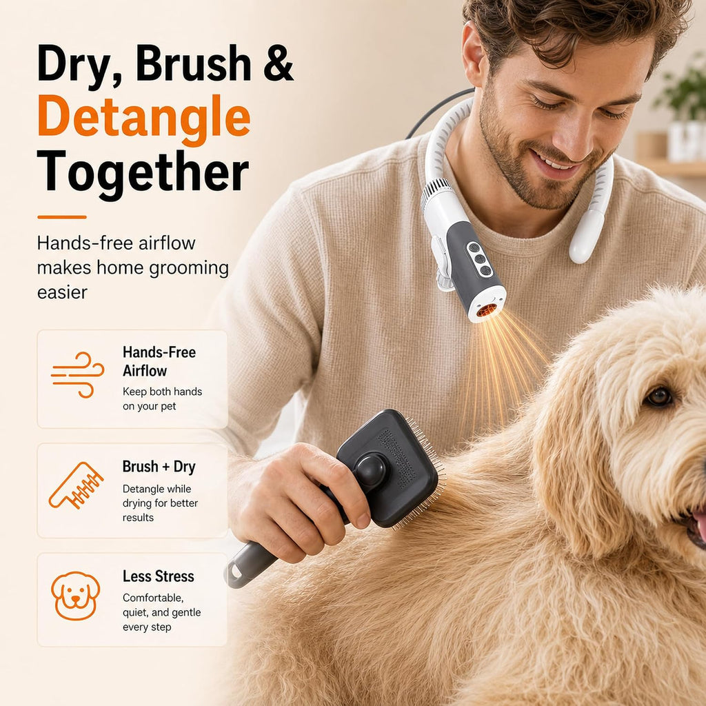 PETNF Hands-Free Neck Dog Dryer, 110,000 RPM High Velocity Pet Hair Blow Dryer for Dog Grooming, 1300W Wearable Design, 3 Speeds 5 Heat Settings, Home & Salon