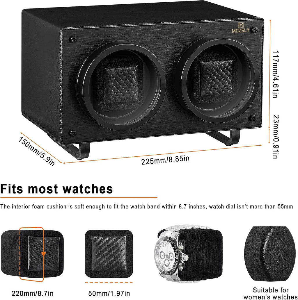 MOZSLY Double Watch Winder for Automatic Watches with Quiet Motor 12 Rotation Mode Setting AC Adapter or Battery Powered PU Leather