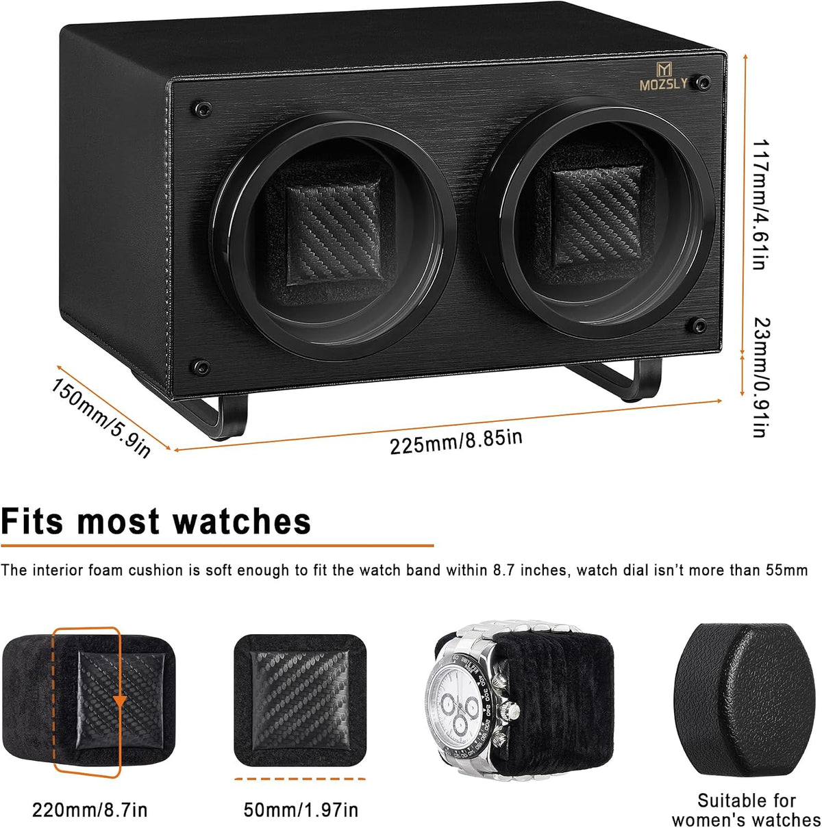 MOZSLY Double Watch Winder for Automatic Watches with Quiet Motor 12 Rotation Mode Setting AC Adapter or Battery Powered PU Leather