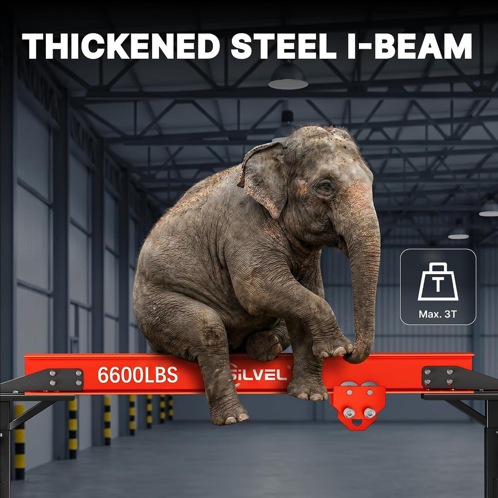 SILVEL 3 Ton Gantry Crane 6600LBS, Adjustable Height 8.53-12.47FT Heavy Duty Portable Engine Hoist with Steel I-Beam & Manual Trolley for Workshop, Garage, Warehouse,Red