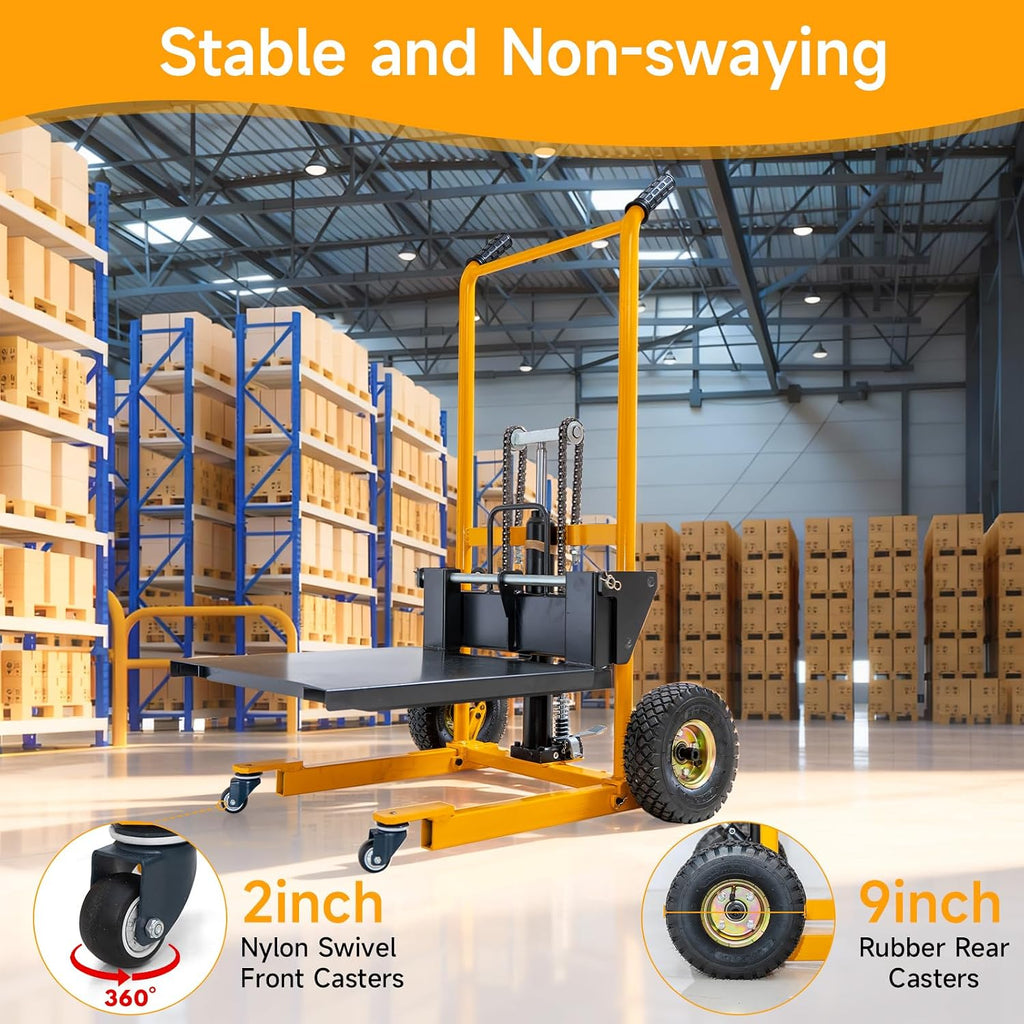 MMS Foldable Hydraulic Material Lift Winch Stacker, 450 Lbs 35.8" Max Lift w/ 9" Wheels 360Â° Swivel Casters, Pallet Truck Dolly, Fork Lift Table Cart, Pallet Jack, Removable Platform, Adjustable Forks