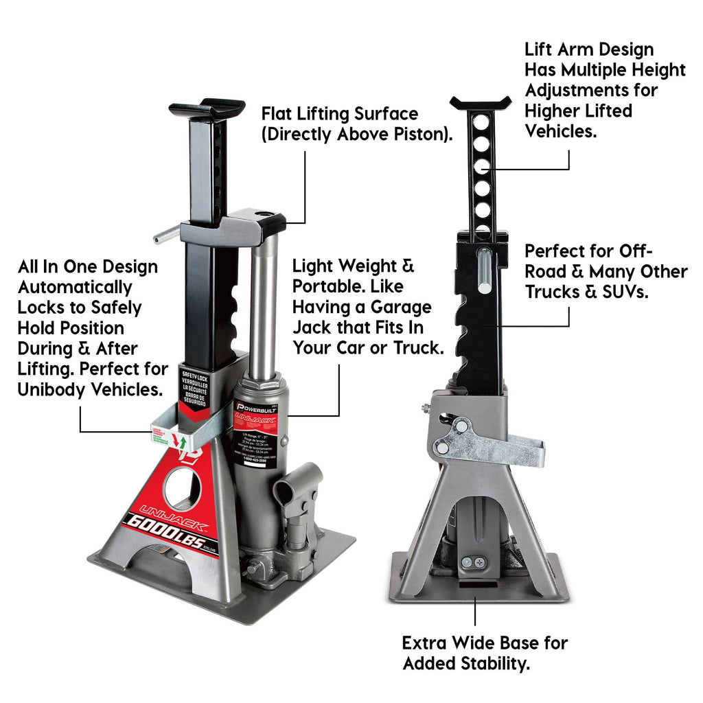Powerbuilt 2 Ton UniJack Combination Hydraulic Bottle Jack / Jackstand in 1 Unit, Compact, Portable, Wide Base, for Unibody Sedans, CUVs, SUVs, Cars, - 620470