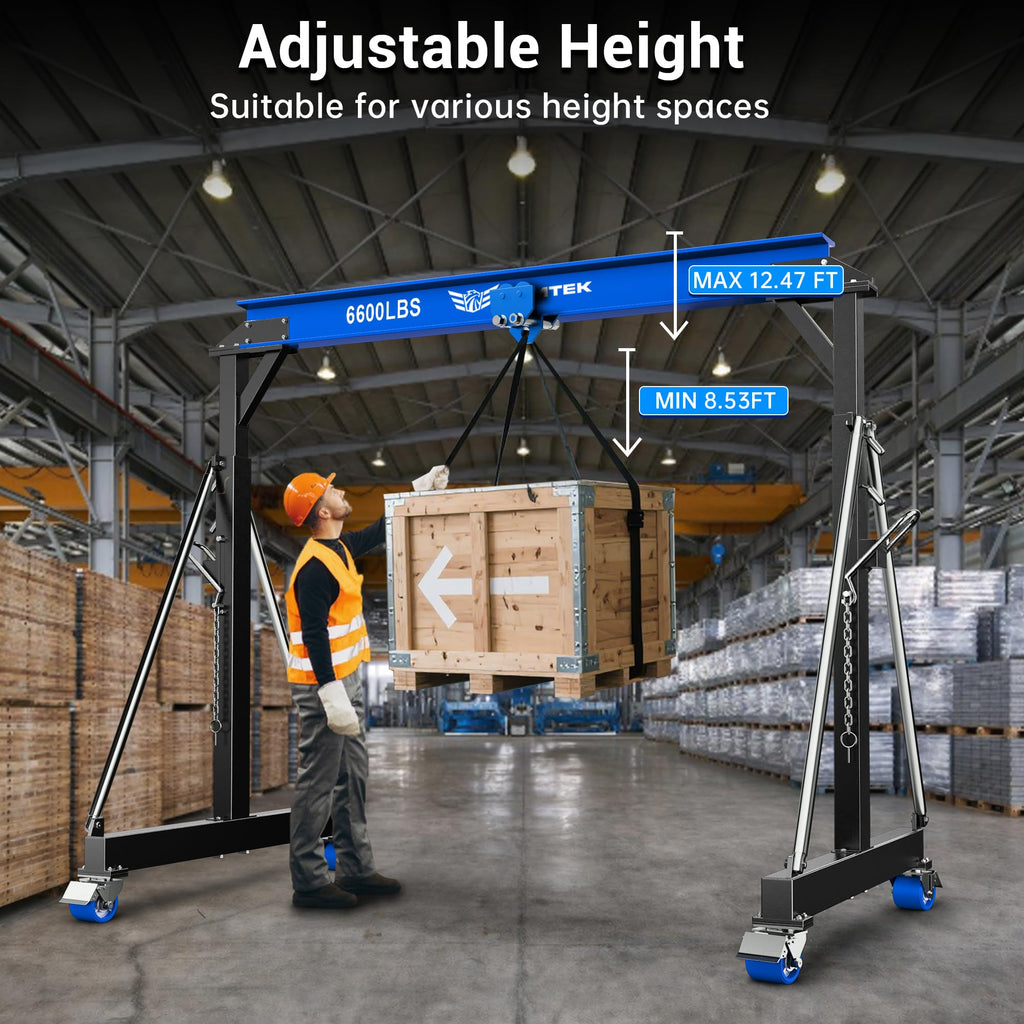 3 Ton Adjustable Gantry Crane,2026 Upgraded 6600LBS Steel I-Beam Construction, Portable Design with 360Â°Locking Wheels,Gantry Crane Adjustable Height from 8.53-12.5ft for Workshop,Garage