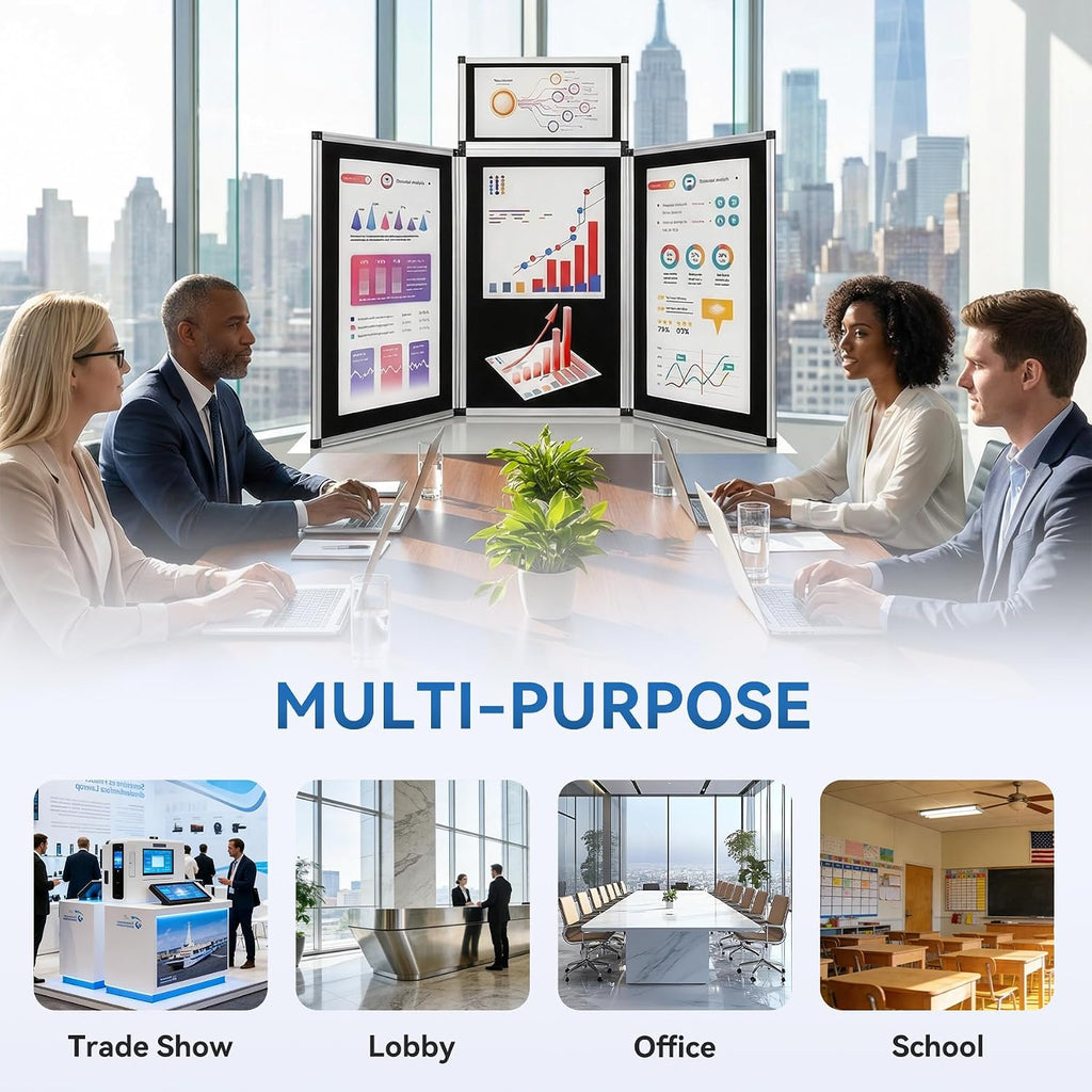 LITTLE TREE 3+1 Panel Trade Show Presentation Board, 70.8" x 35.4" Portable Panel Display, Folding Exhibition Boards Double Sided Tabletop Display Black Hook & Loop-Receptive Fabric with Bag