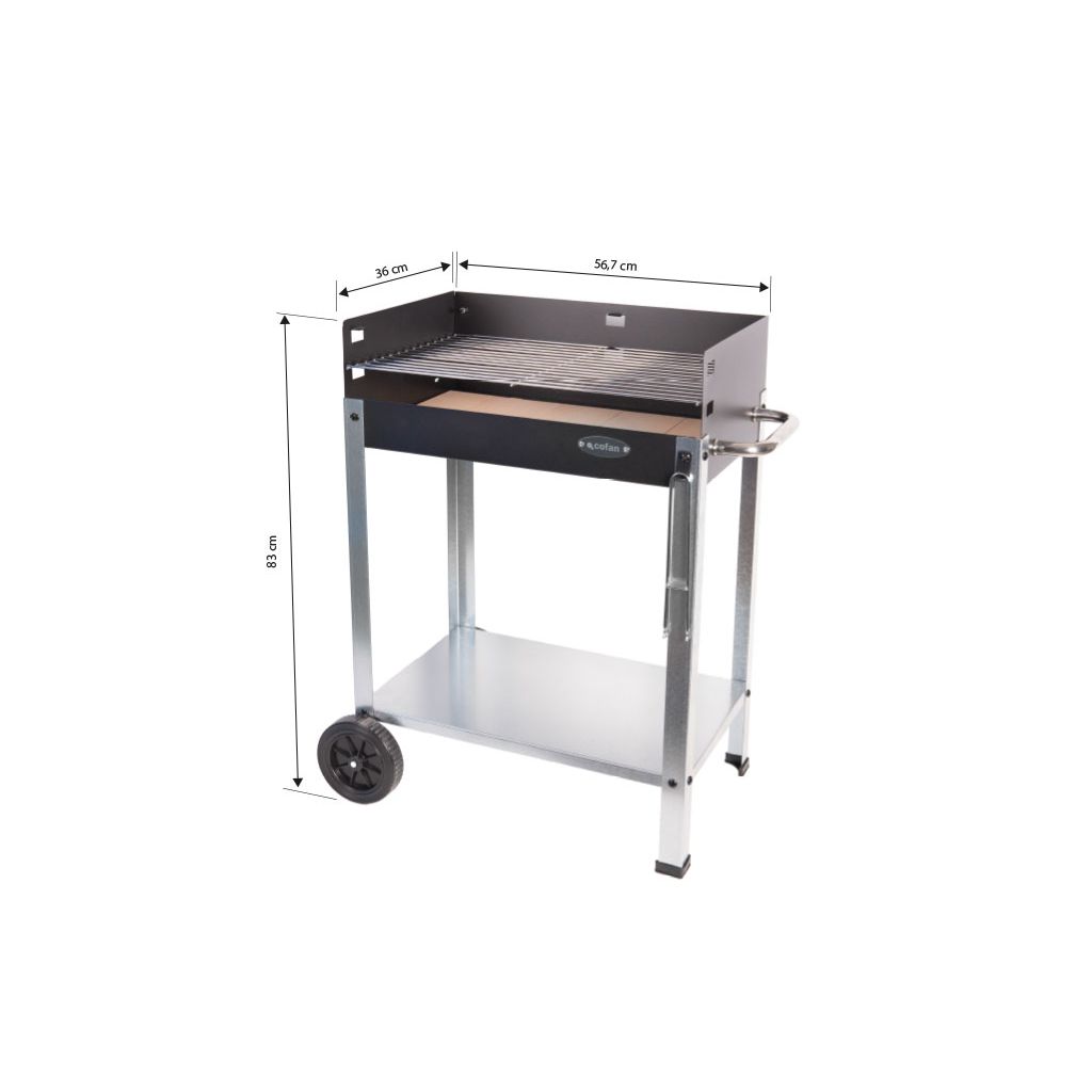 Grill węglowy Cofan z kółkami | Regulowany grill | Z cegłą ogniotrwałą i uchwytem bocznym | Łatwy transport | Duża powierzchnia do grillowania | Wymiary: 56,7 x 36 x 83 cm