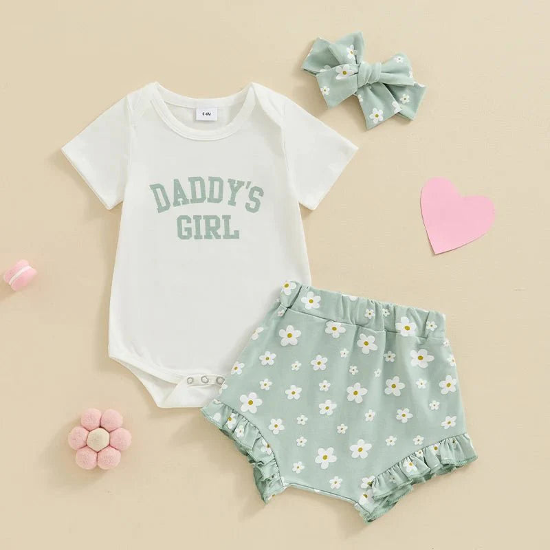 Baby Girls Outfit Short Sleeve Romper - Floral Shorts - Hairband Set Casual Clothes
