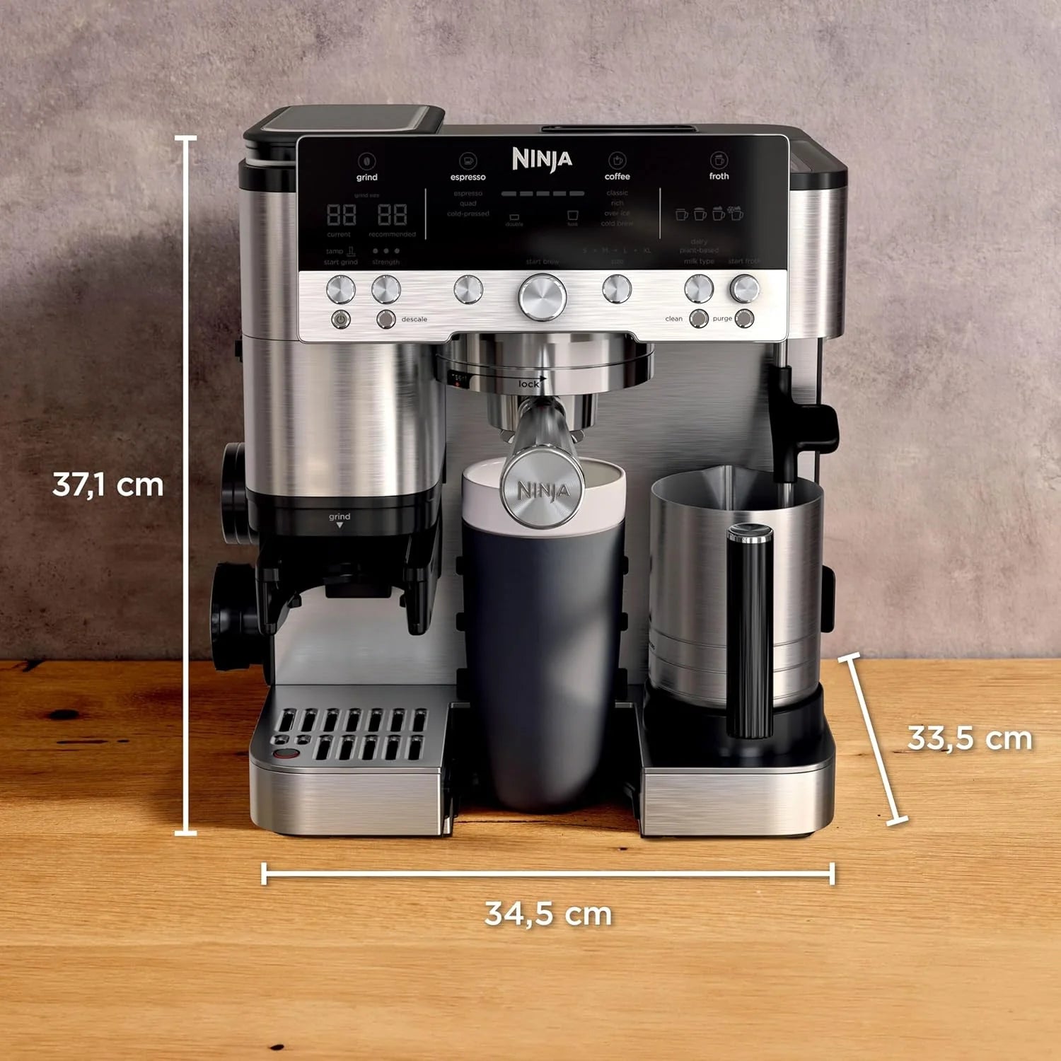 Ninja Luxe Premier Ekspres do kawy 3 w 1, latte, cappuccino, cold brew, espresso, wbudowany młynek i spieniacz do mleka, łatwy w obsłudze, 4 automatyczne ustawienia spieniania, srebrny, ES601EU