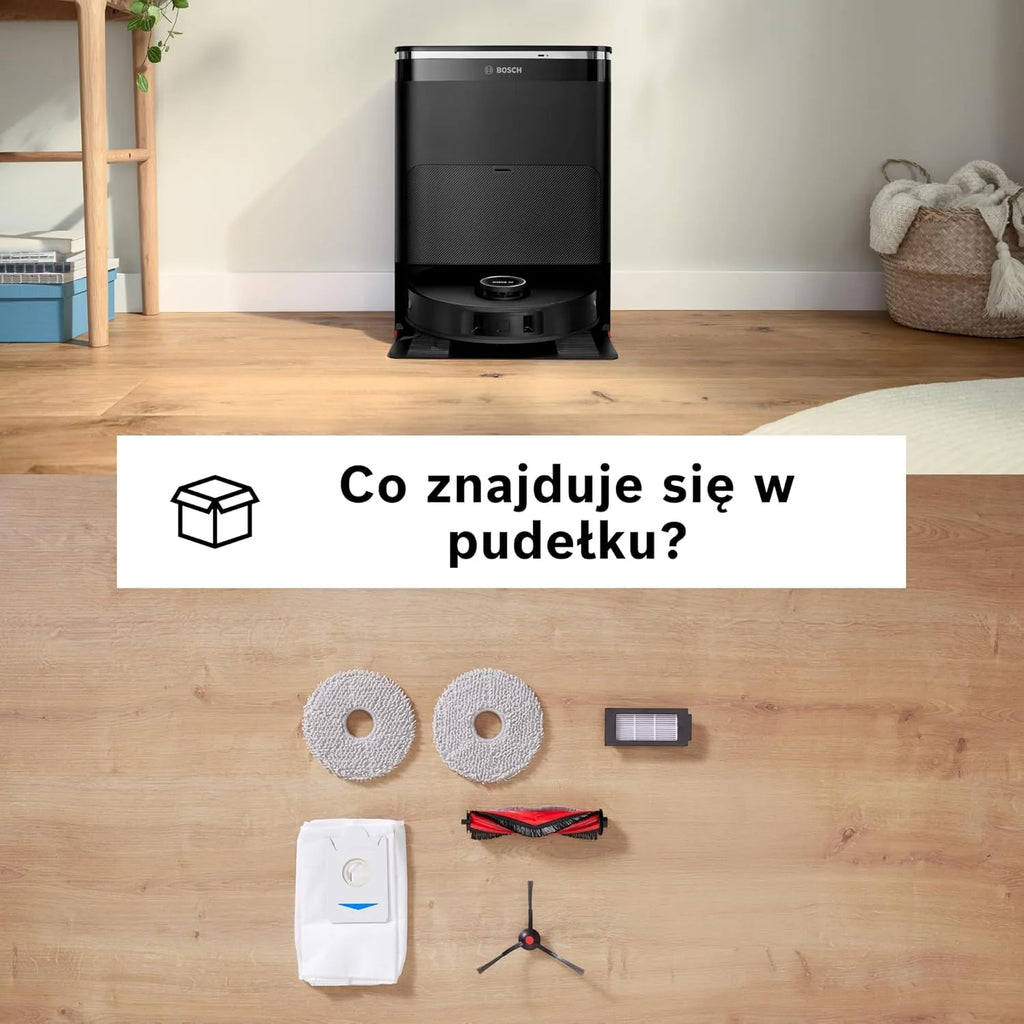 Bosch Spotless Max Robot sprzątający z funkcją mopowania, moc ssania 11 000 Pa, wysuwana nakładka mopującą, stacja czyszczącą, nawigacją Smart Vision, aplikacja Bosch Home Connect, BCRDW3B, czarny
