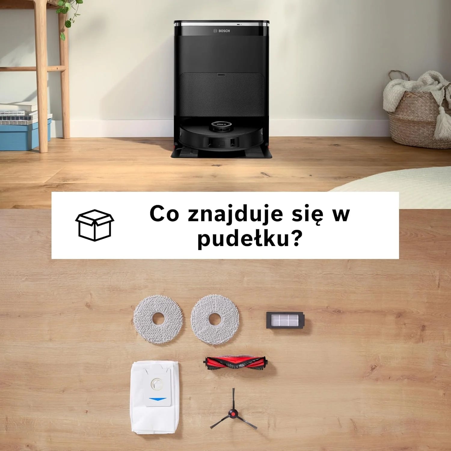 Bosch Spotless Max Robot sprzątający z funkcją mopowania, moc ssania 11 000 Pa, wysuwana nakładka mopującą, stacja czyszczącą, nawigacją Smart Vision, aplikacja Bosch Home Connect, BCRDW3B, czarny