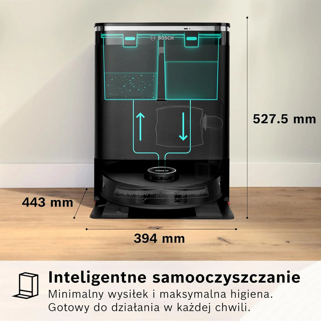 Bosch Spotless Max Robot sprzątający z funkcją mopowania, moc ssania 11 000 Pa, wysuwana nakładka mopującą, stacja czyszczącą, nawigacją Smart Vision, aplikacja Bosch Home Connect, BCRDW3B, czarny