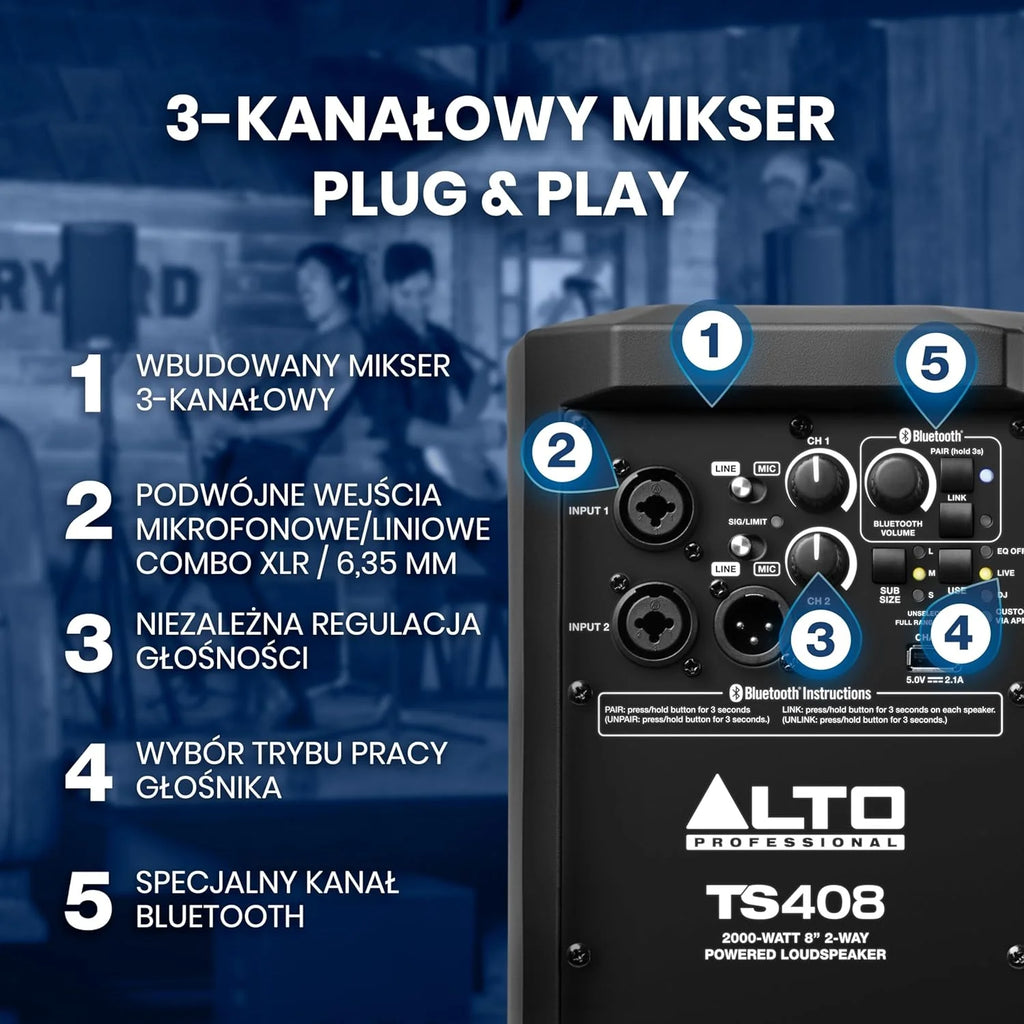 ALTO TS410 Aktywny Głośnik PA 2000W 10 z 3-Kanałowym Mikserem, Bluetooth, Bezprzewodowym Podłączaniem Głośników, DSP i Aplikacją