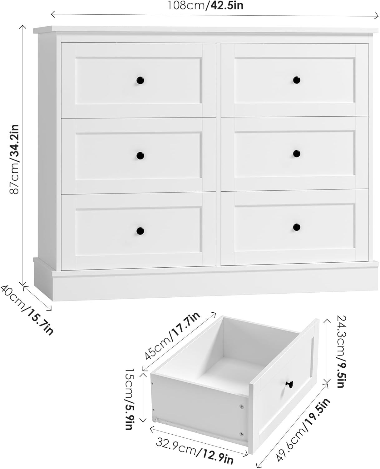 FOREHILL Komoda do sypialni biała szafka do przechowywania z 6 szufladami biała komoda szuflady do salonu przedpokoju 108 x 40 x 87 cm