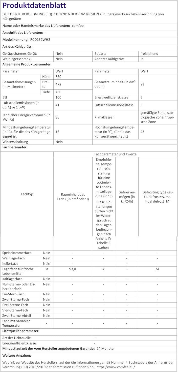 Comfee Table Top lodówka RCD132WH2, wysokość 85 cm, szerokość 47,2 cm, lodówka stołowa, drzwi dwustronne