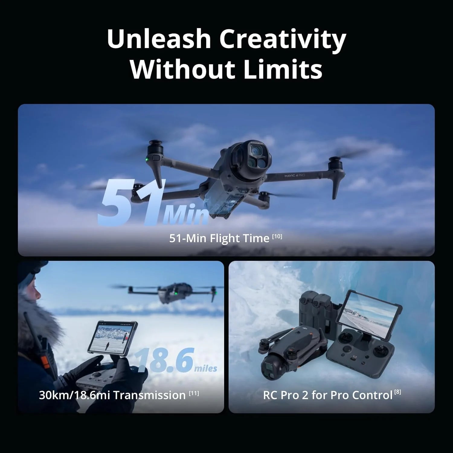 Pakiet DJI Mavic 4 Pro Fly Więcej z DJI RC 2, flagowy trójkomorowy dron z kamerą Hasselblad 100 MP i 4/3 CMOS, transmisja 30 km, czas lotu 51 min, centrum ładowania
