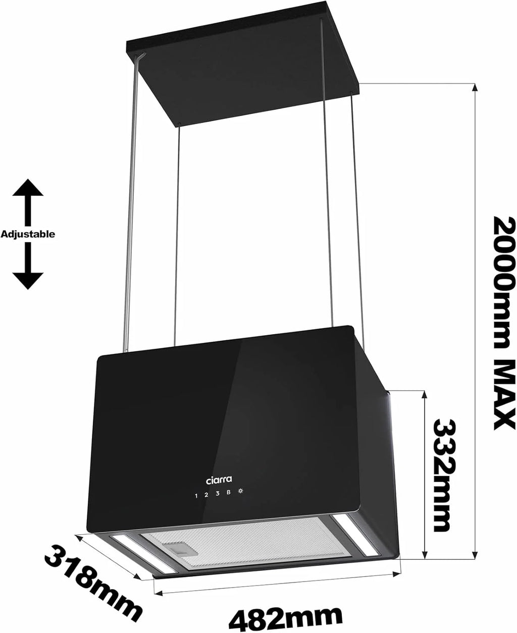 CIARRA CBCB4850 A+++ Okap wyspowy, obiegowy wiszący, 48 cm, 700 m³/h, z inteligentną aplikacją Wi-Fi, 4 poziomy prędkości, funkcja turbo, przednia szyba szklana, w zestawie filtr węglowy CBCF003