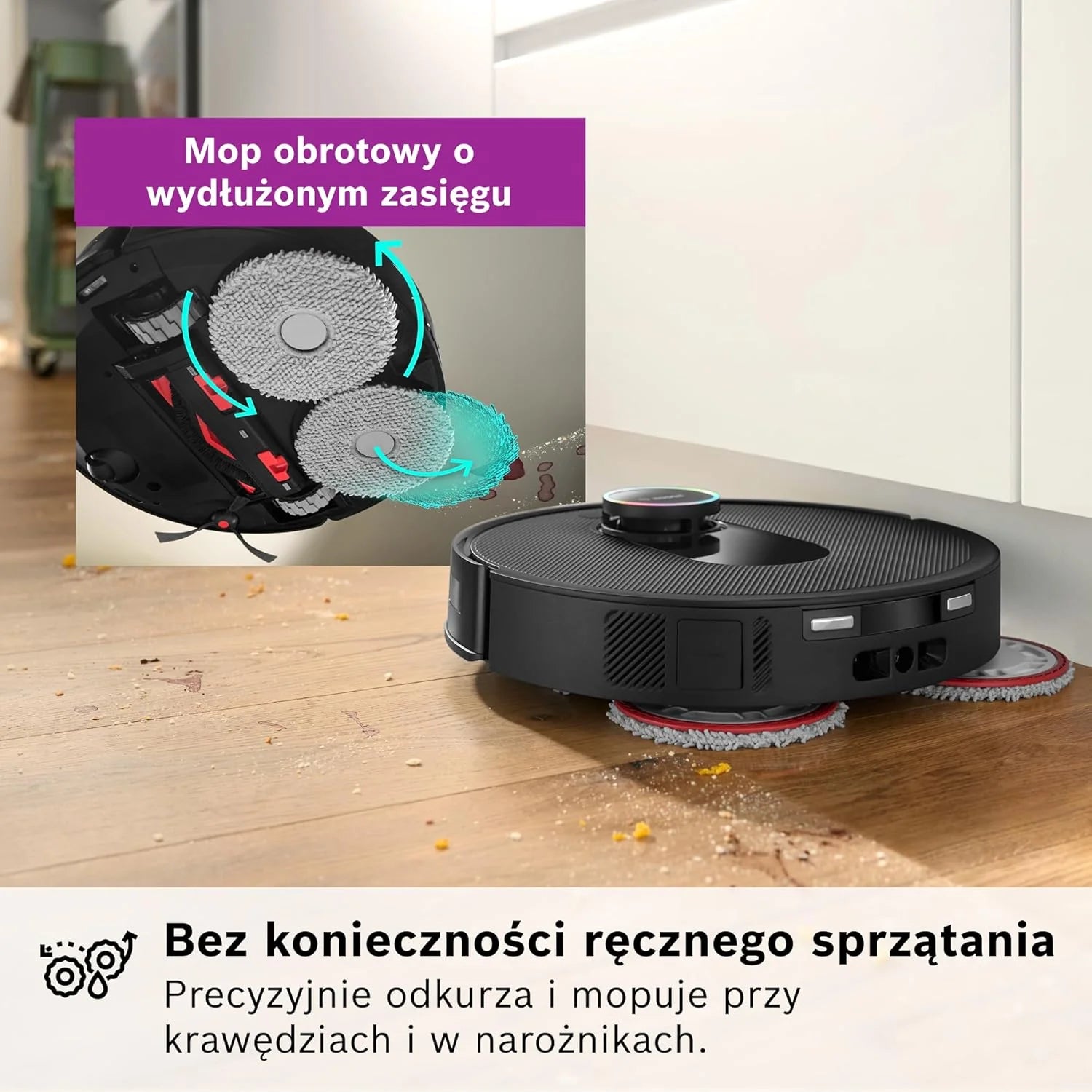 Bosch Spotless Max Robot sprzątający z funkcją mopowania, moc ssania 11 000 Pa, wysuwana nakładka mopującą, stacja czyszczącą, nawigacją Smart Vision, aplikacja Bosch Home Connect, BCRDW3B, czarny