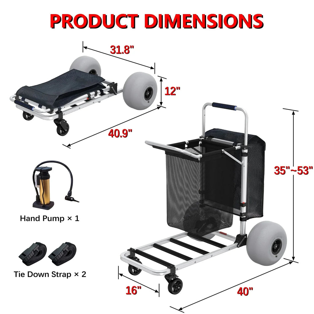Foldable Beach Cart with Adjustable Handle and 12 Balloon Wheels, Heavy Duty Aluminum 220LBS Capacity