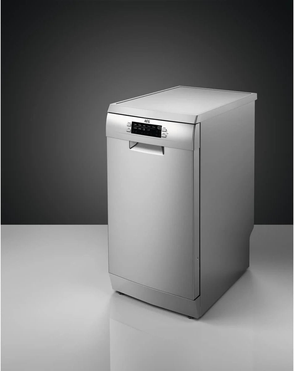 AEG FFB73517ZM Zmywarka AirDry, 10 sztućców, automatyczne odłączanie, 9 programów w 4 temperaturach, taca Maxiflex, funkcja ExtraHygiene, regulowany kosz, falownik, 48 dBA, Inox, 45 cm, klasa D