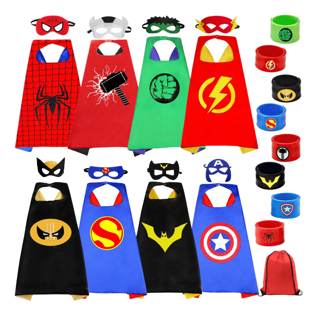 8-Pack Superhero Costume Set with Capes, Masks & Wristbands for Kids