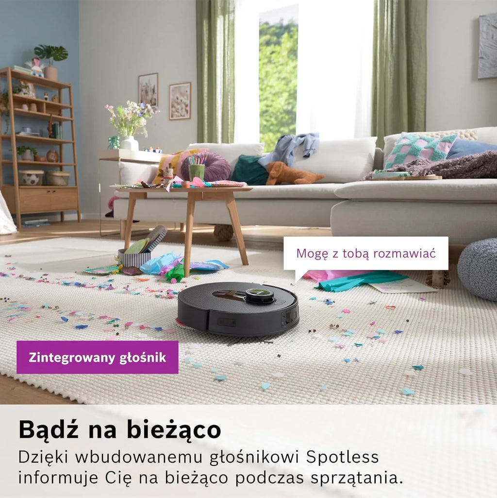 Bosch Spotless Max Robot sprzątający z funkcją mopowania, moc ssania 11 000 Pa, wysuwana nakładka mopującą, stacja czyszczącą, nawigacją Smart Vision, aplikacja Bosch Home Connect, BCRDW3B, czarny