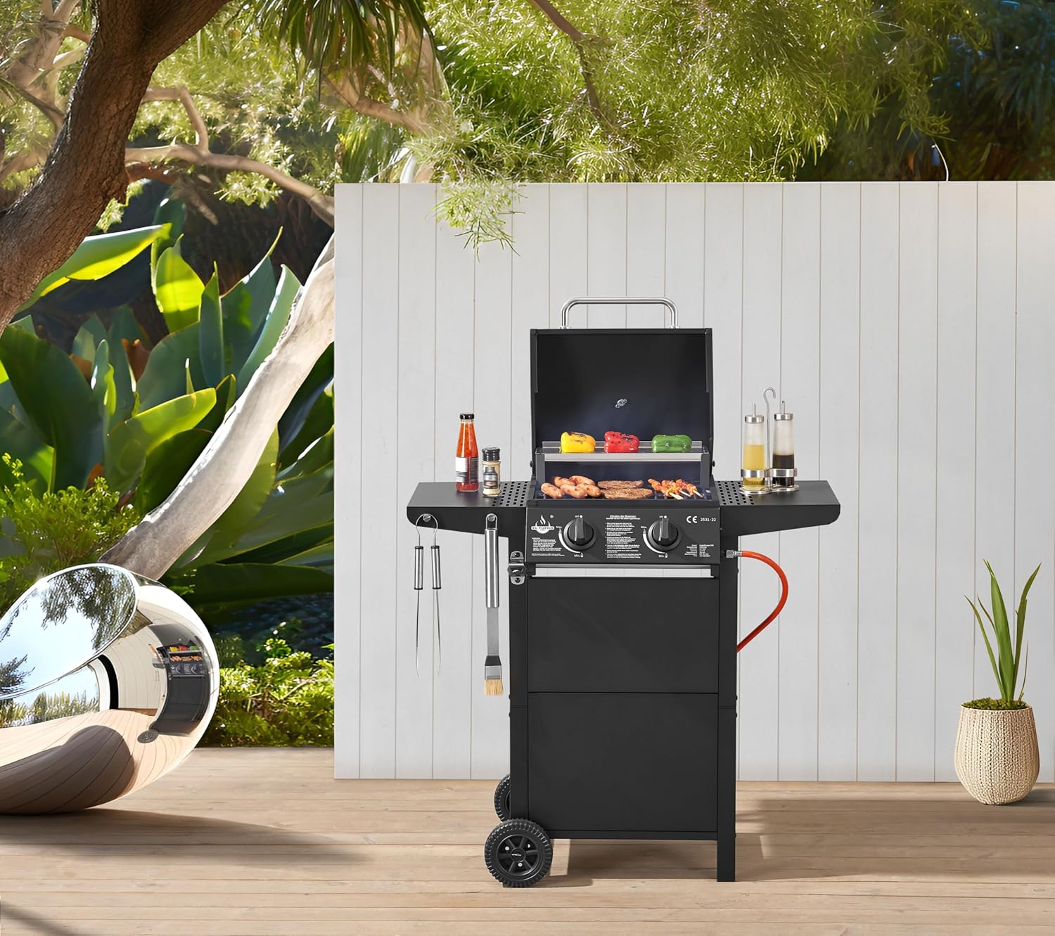 Grill gazowy San Jose 2 palniki firmy El Fuego®, w zestawie wąż gazowy i reduktor ciśnienia, ruszt do grillowania z żeliwa, z termometrem i dużymi półkami bocznymi, grill BBQ | AY0204