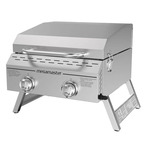 Megamaster Wysokiej jakości grill do gotowania na świeżym powietrzu z 2 palnikami, na kemping, do kuchni na zewnątrz, na patio, ogród, grill z dwiema składanymi nogami, srebrny ze stali nierdzewnej
