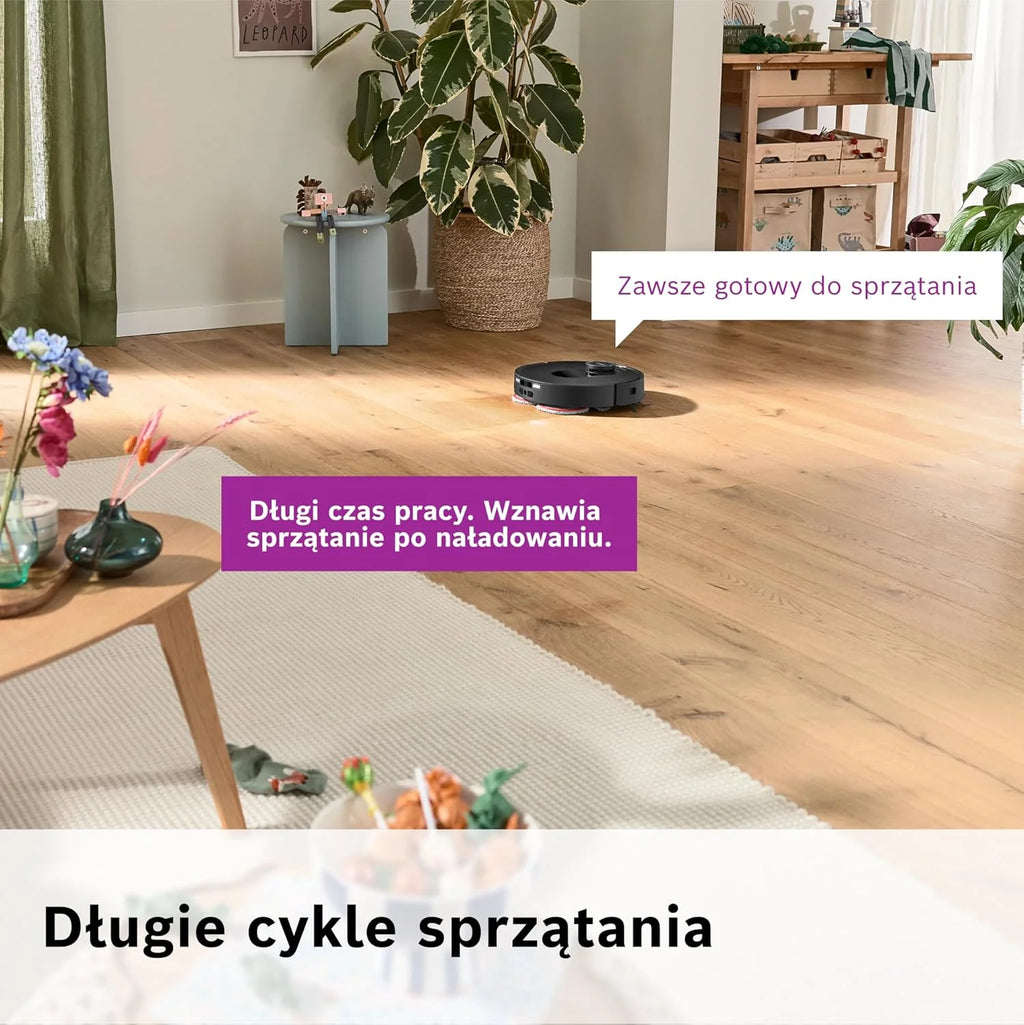 Bosch Spotless Max Robot sprzątający z funkcją mopowania, moc ssania 11 000 Pa, wysuwana nakładka mopującą, stacja czyszczącą, nawigacją Smart Vision, aplikacja Bosch Home Connect, BCRDW3B, czarny
