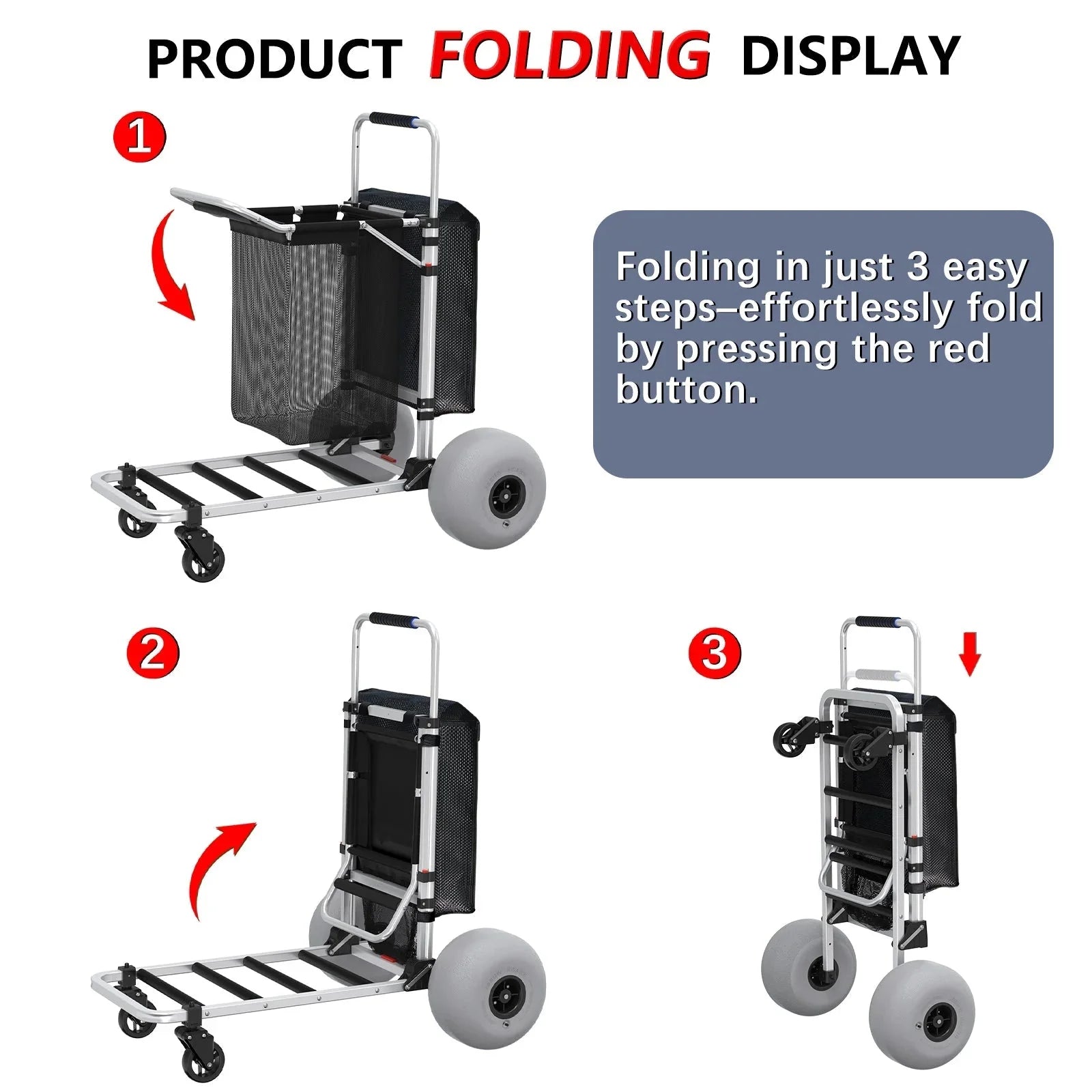 Foldable Beach Cart with Adjustable Handle and 12 Balloon Wheels, Heavy Duty Aluminum 220LBS Capacity