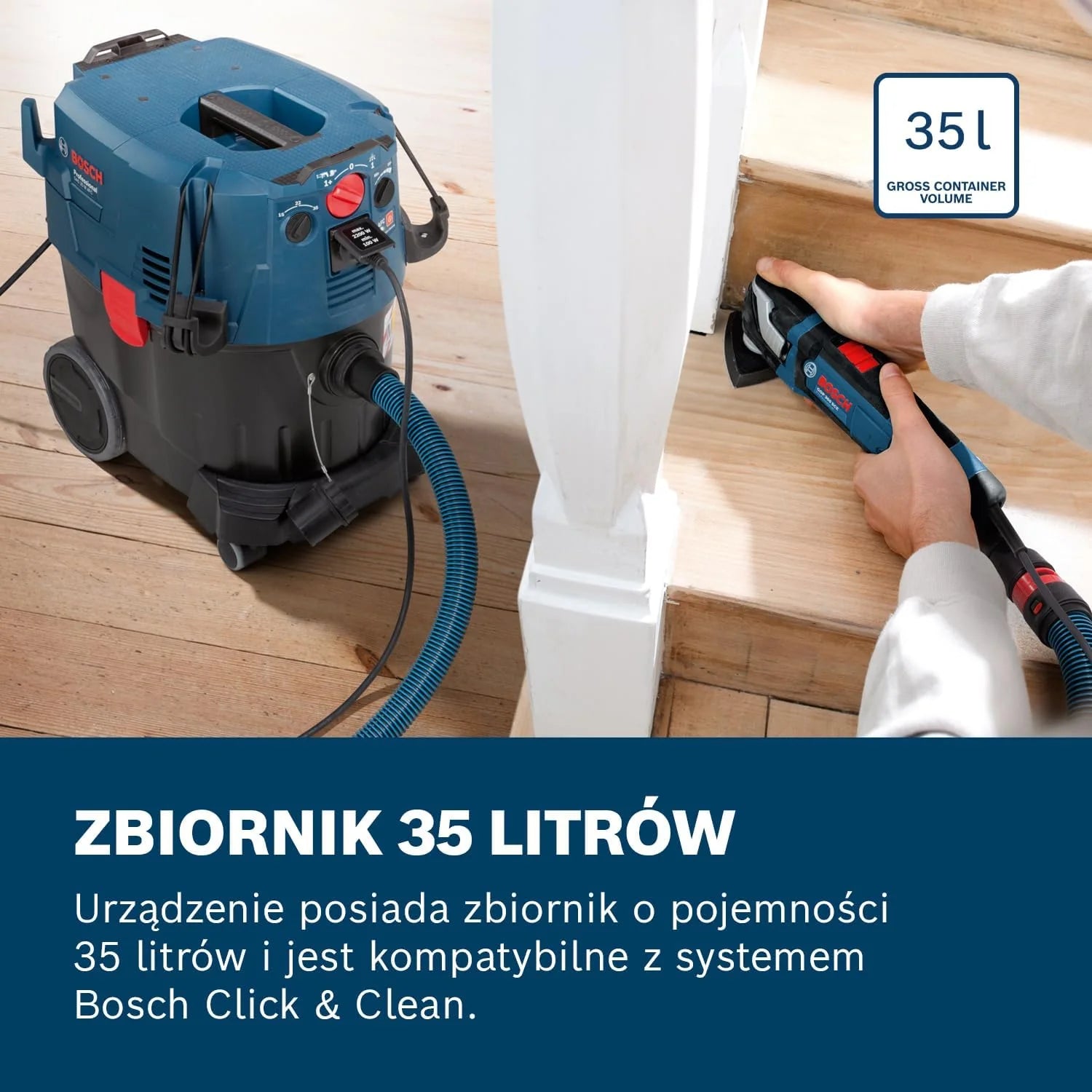 Bosch Professional: odkurzacz do pracy na sucho i mokro GAS 35 L AFC (1 200 W, 3 rury chromowane, wąż 5 m, zestaw dysz podłogowych, 1 filtr płaski fałdowany, worek na pył)